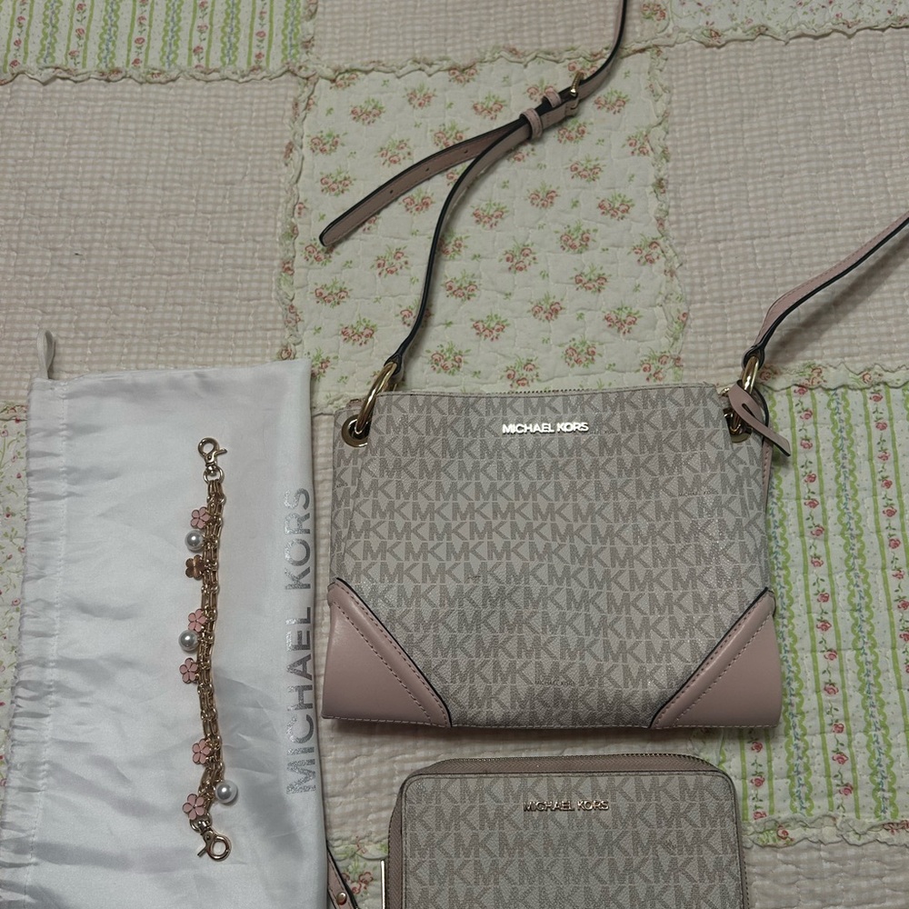 Michael Kors Monogram Crossbody Bag in Beige and Pink